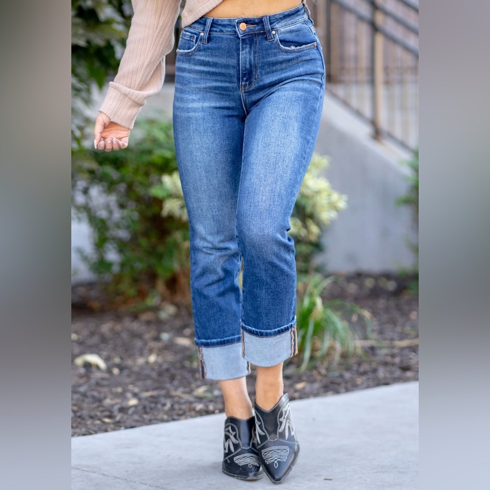 KANCAN high rise cuff straight leg cropped jeans - Picture 6 of 7